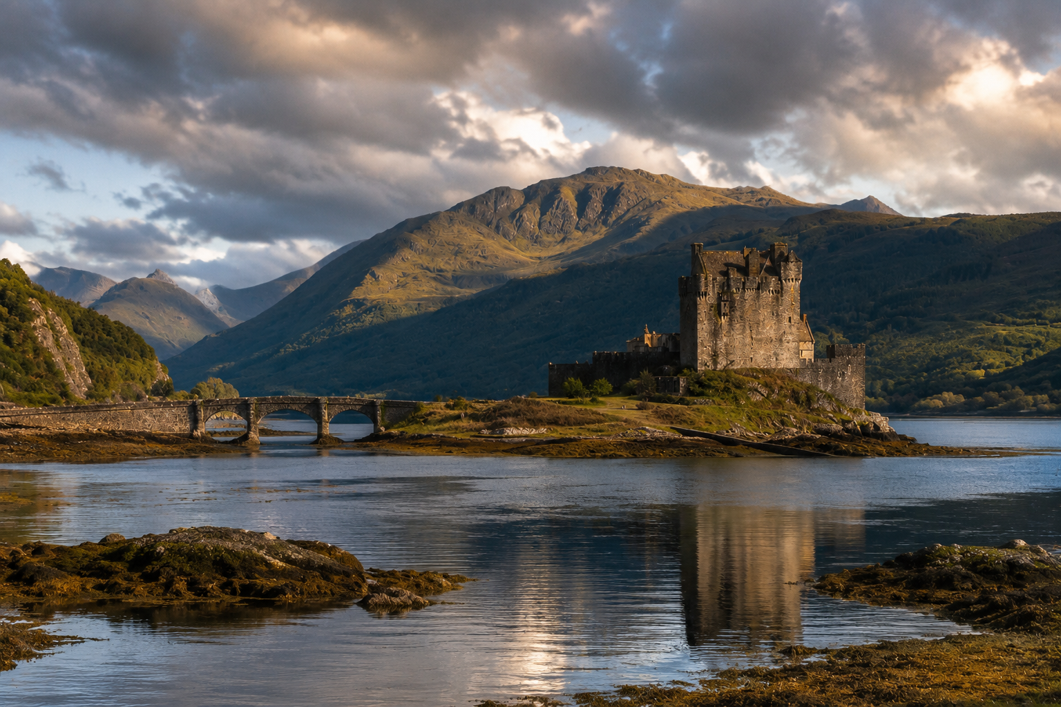 A stone castle on the water at dusk, surrounded by highland mountains