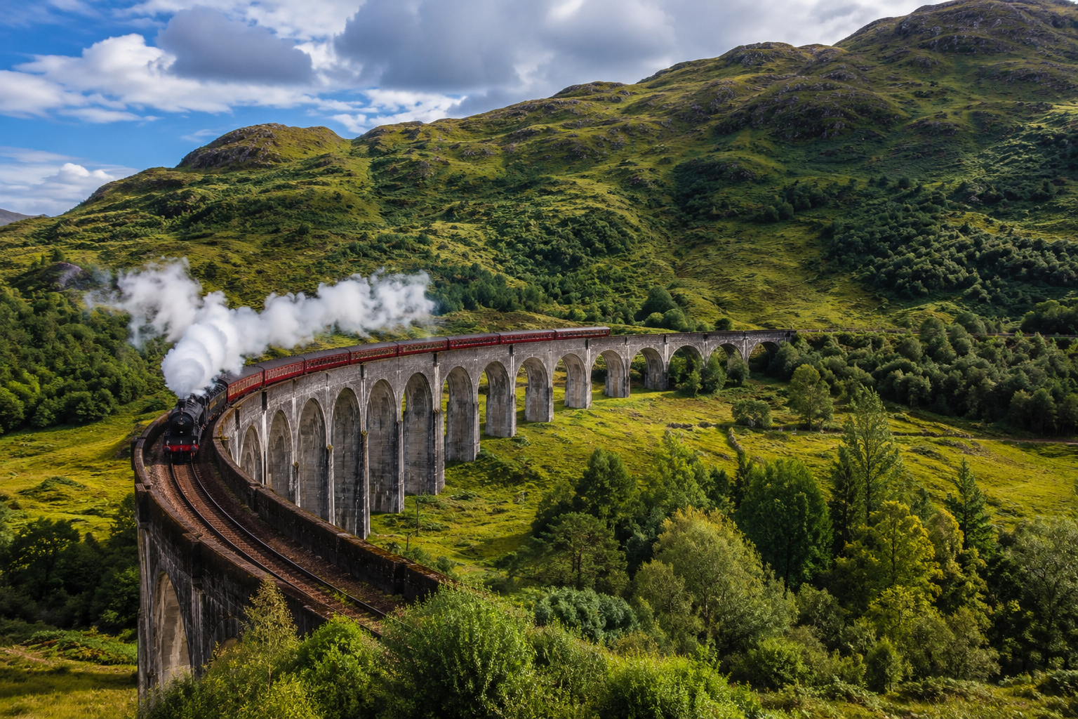 A steam train crossing a stone viaduct through green highland hills