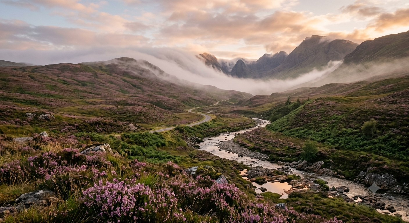 Mist rolling through a heather-covered glen at sunrise